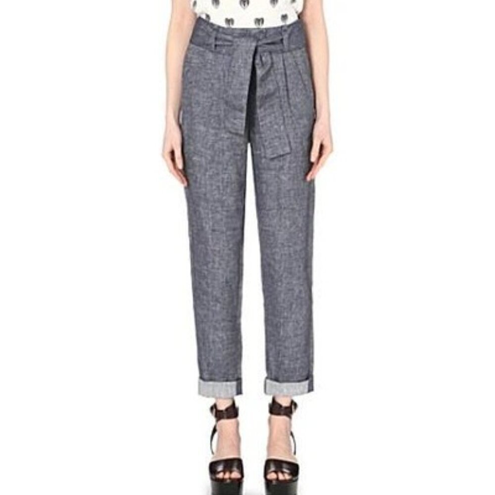 Maje Women's Blue Parisien Belted Linen Denim Trousers Pants Size 36